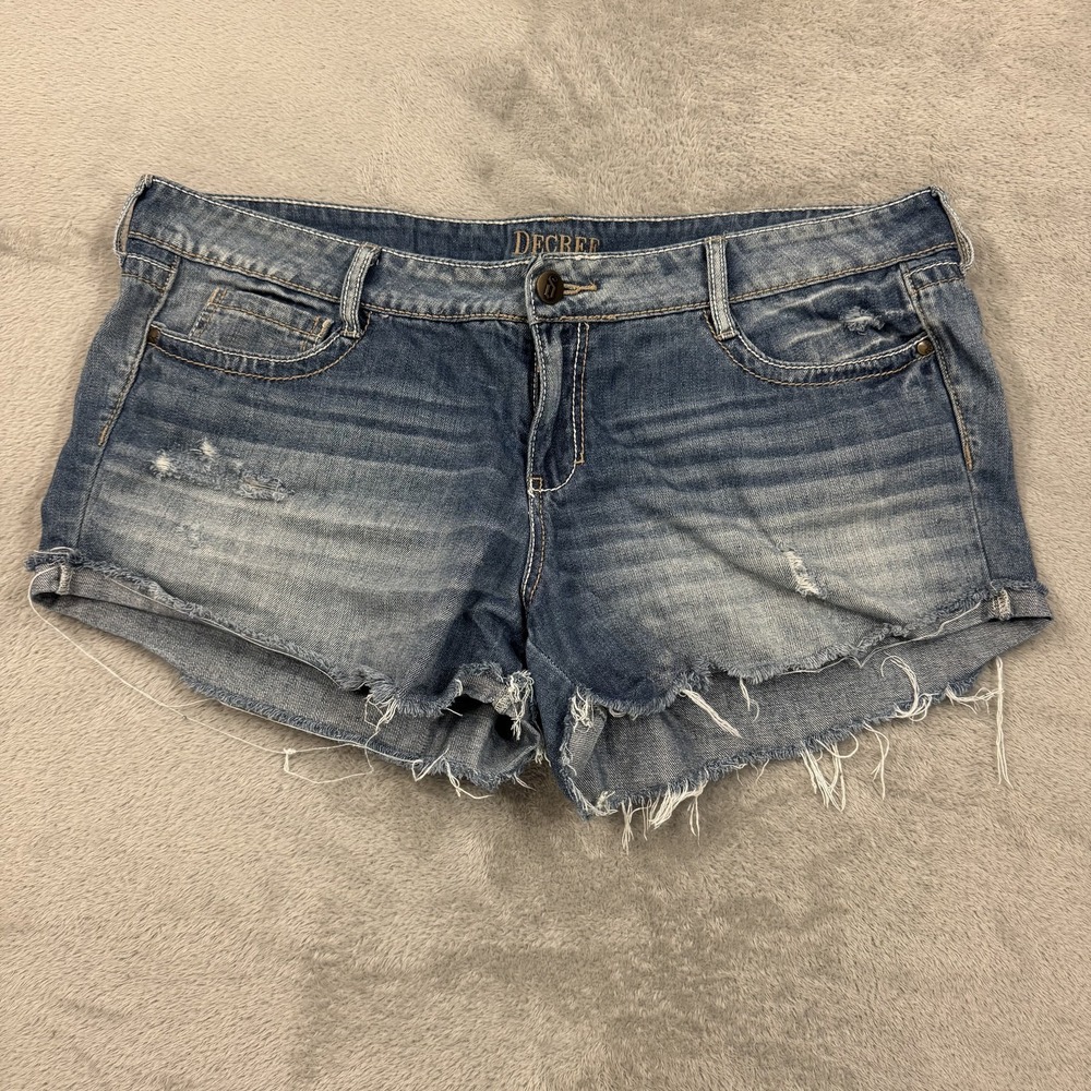 Decree Shorts Womens 19 Blue Denim Cut Off Distressed Whiskered 3" Inseam Jean